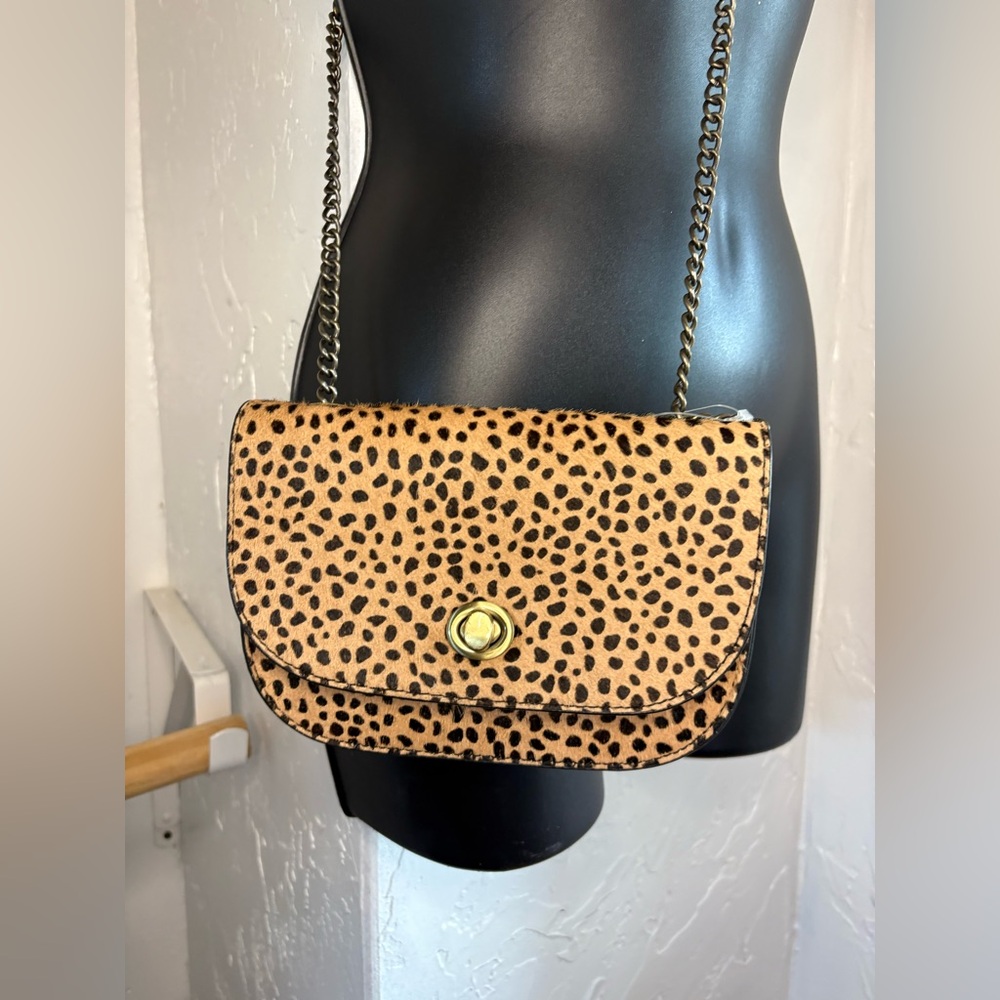 Anthropologie crossbody leather leopard print calf hair flap chain link strap - Picture 6 of 10